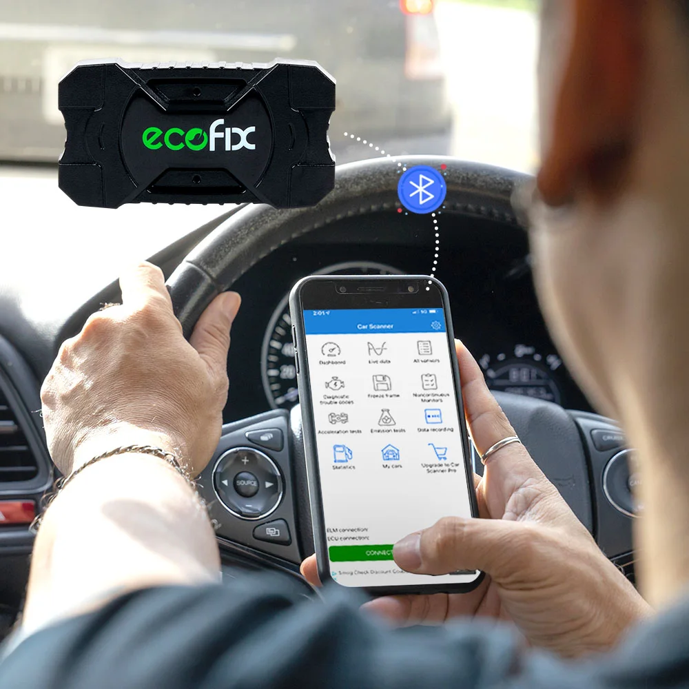 A driver reading the EcoFix app on her phone, connected over Bluetooth